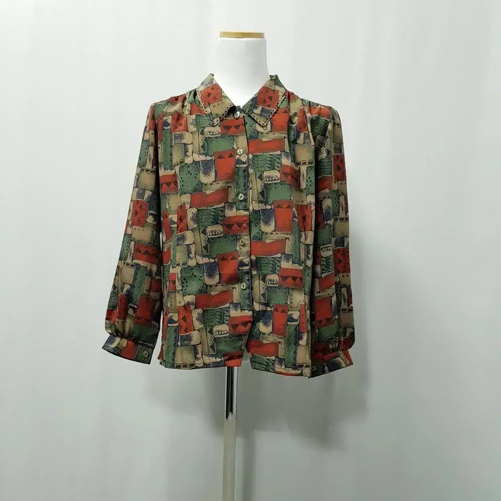 JPN Japan vintage geometric pattern retro punching long sleeve blouse womensF D282