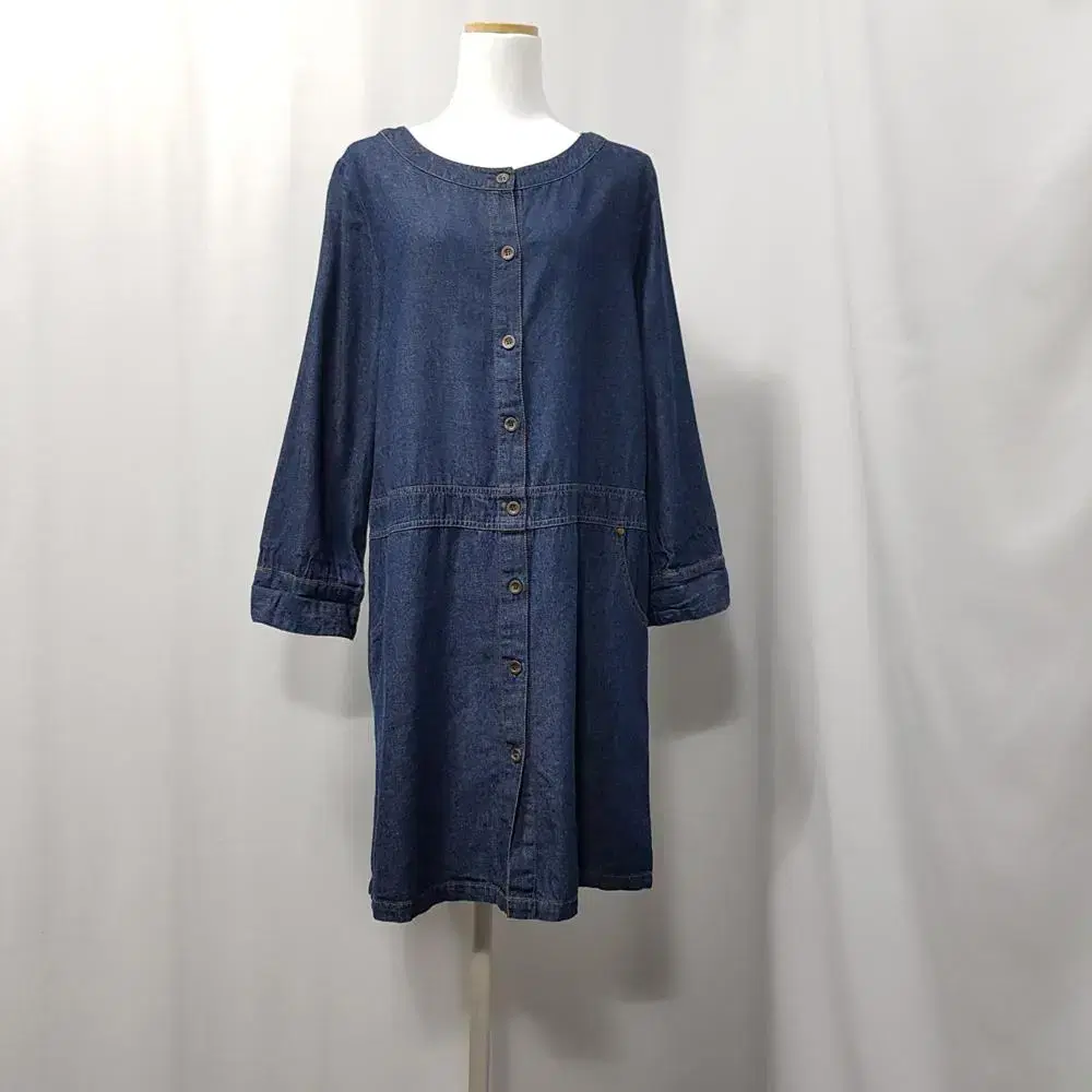 Vintage Jin Blue Stitched Boxy Long Sleeve Jeans Denim Midi ONEPIECE WOM D324