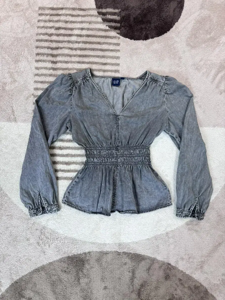 GAP Gray Black Denim Smocked Blouse