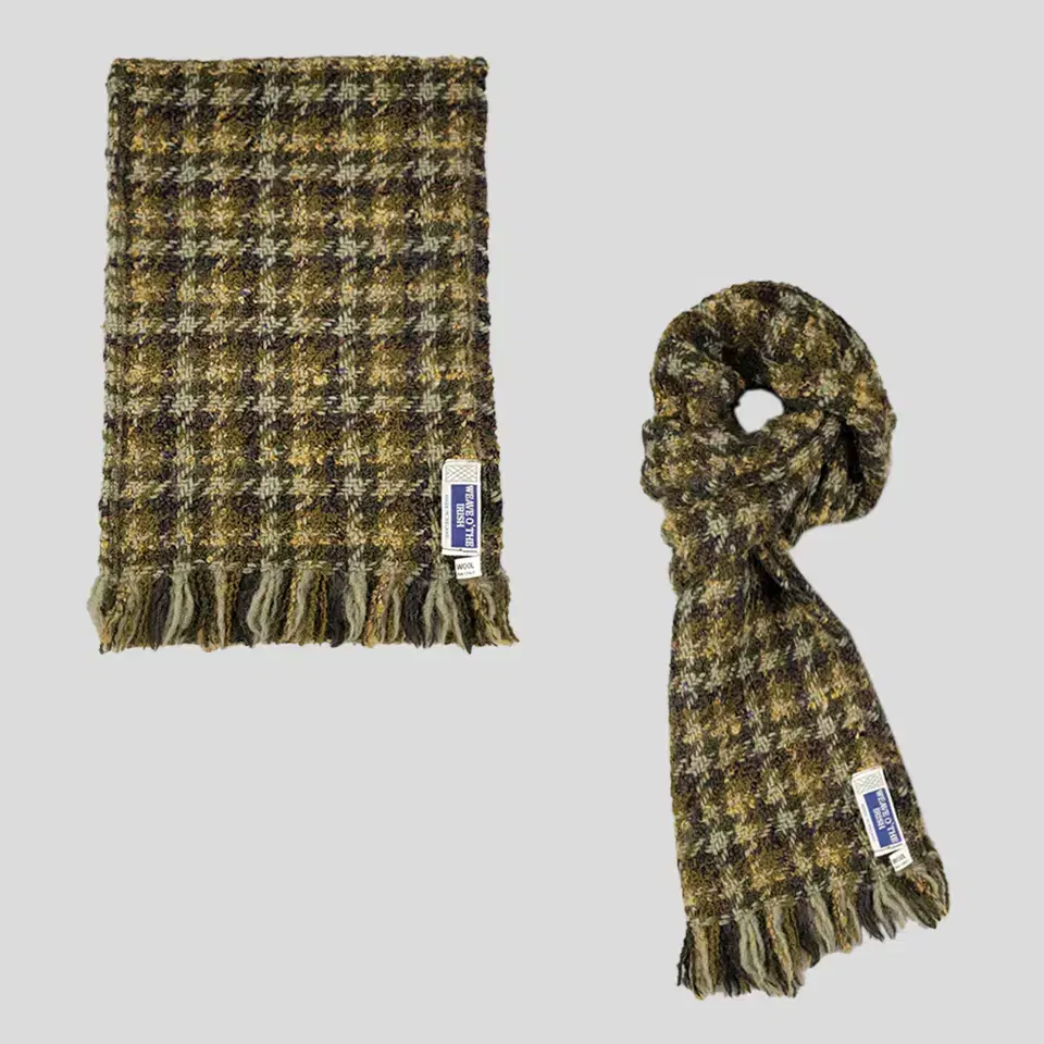 Vintage khaki tone houndstooth check pattern 100% wool woven tweed tassel neck scarf