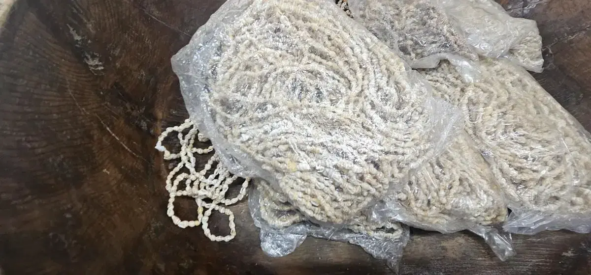 A bunch of small shells.  A bag of rice, tied into a necklace.  Two or three rice grains combined into a key.