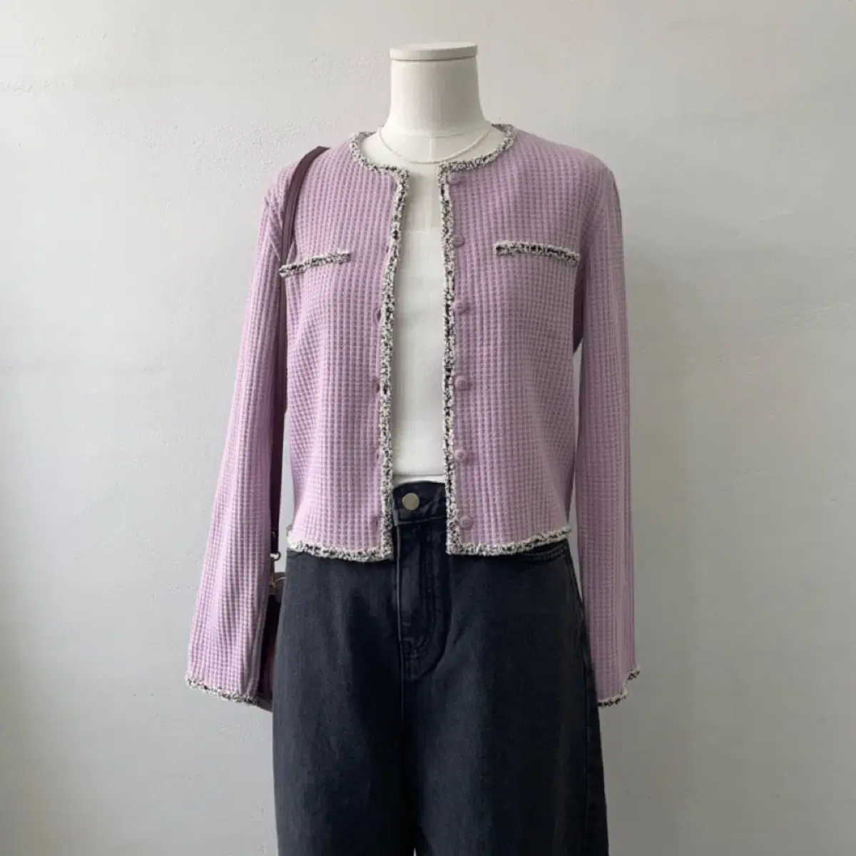 New product: Light purple cropped tweed cardigan jacket