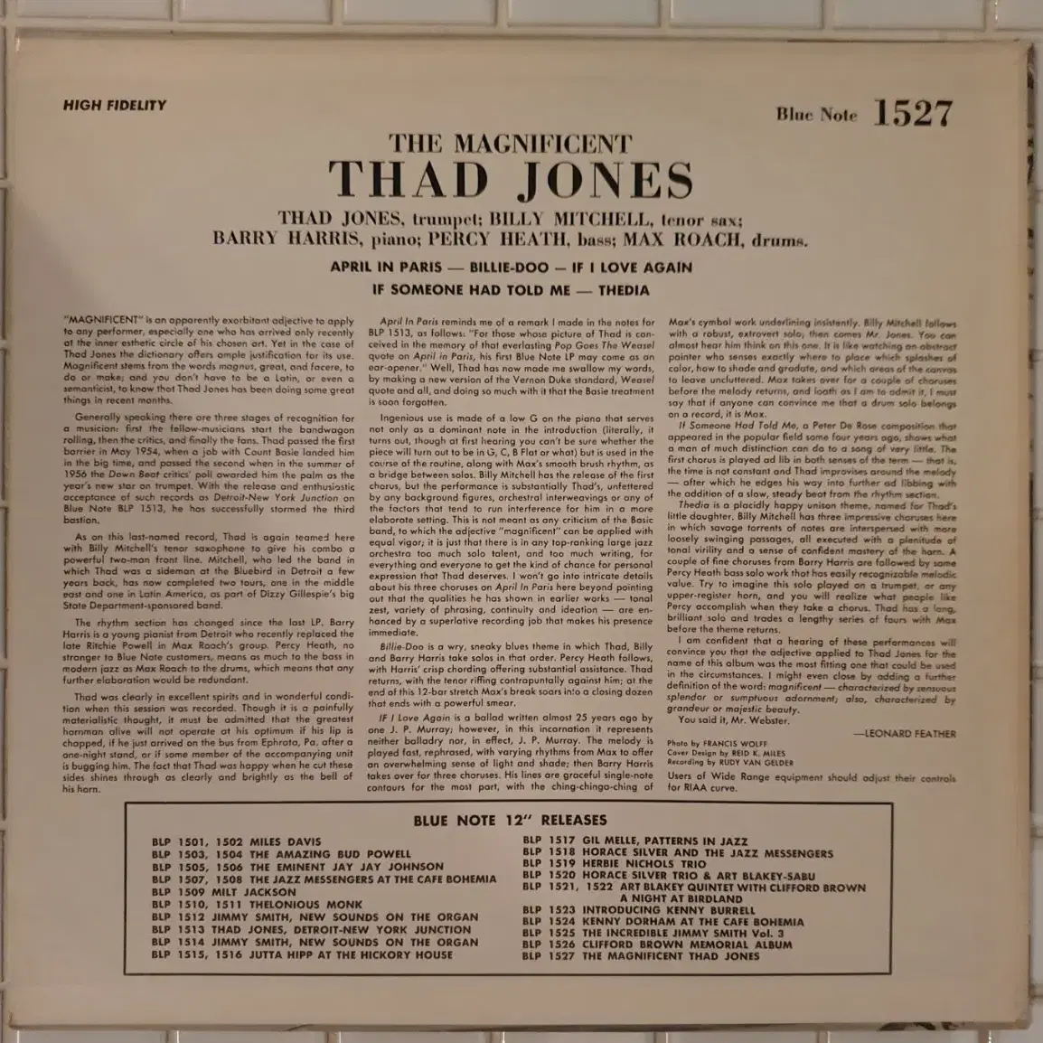 블루노트 테드 존스 - Magnificent Thad jones LP