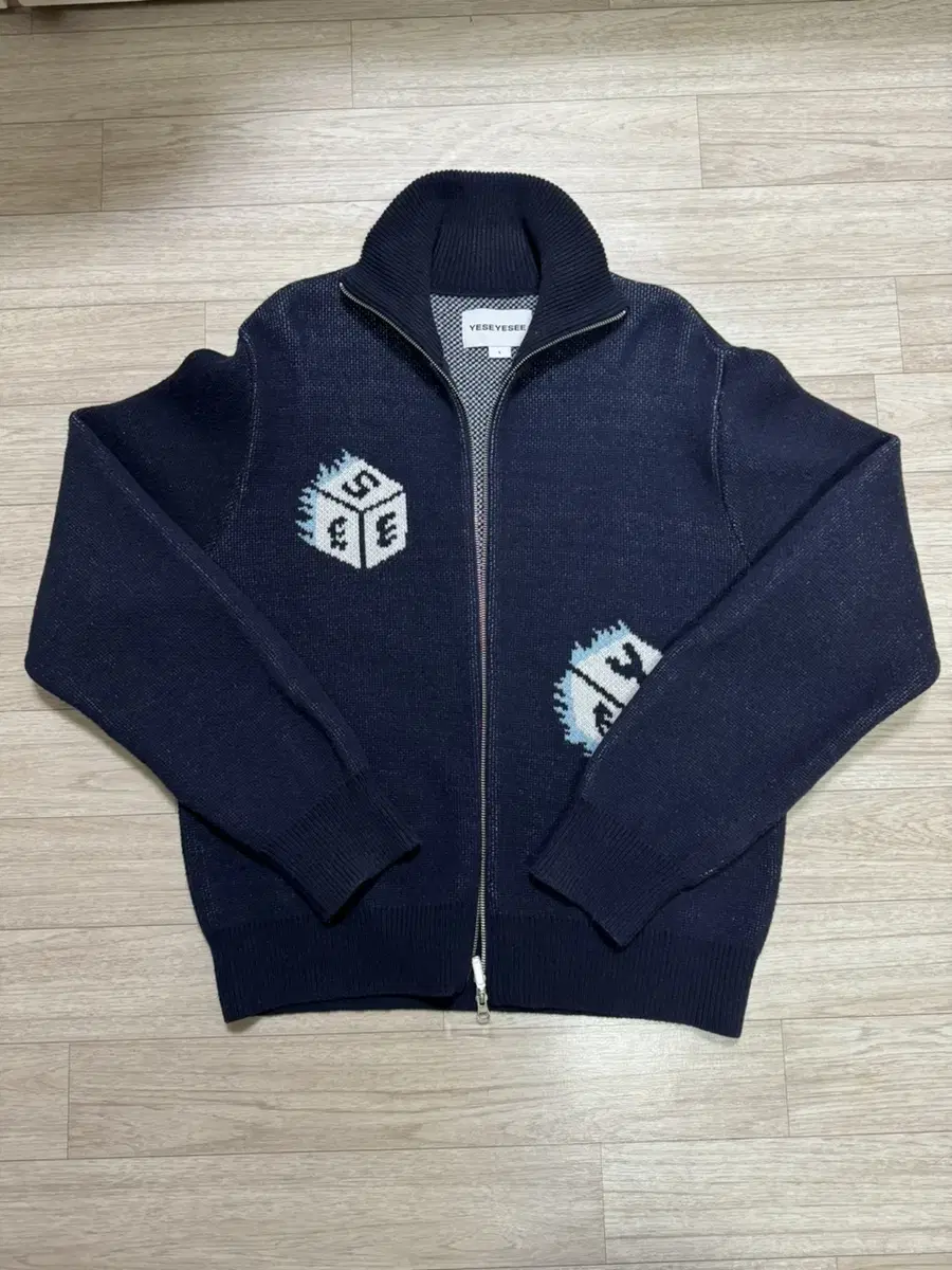 L Yes I Do Dice Full Zip Up Knit Cardigan Navy