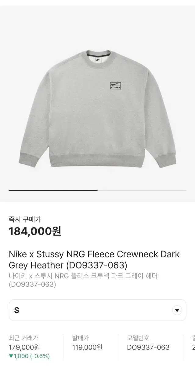 나이키 X 스투시 나투시 NRG 크루넥 맨투맨(S)그레이 팝니다