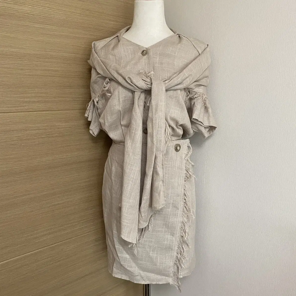 JapanVintage Beige Linen Short Sleeve Wrap ONEPIECE Unique Grunge Hippie Ethnic Mori Girl