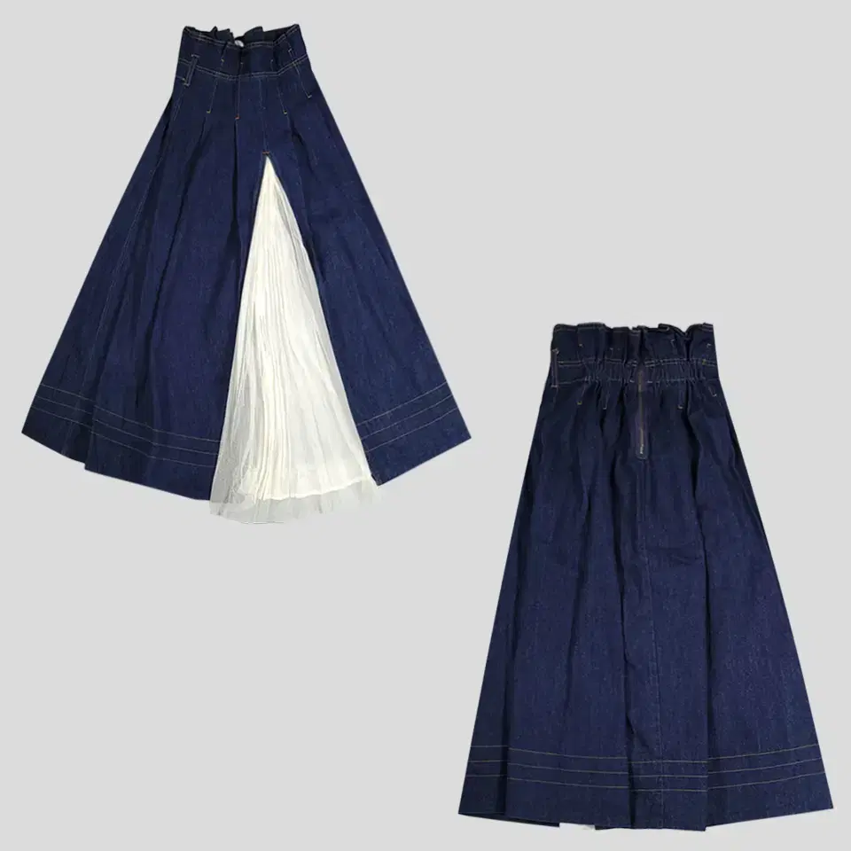 Vintage Jin Blue-washed Indigo White Lace Layered Pleated Long Skirt 2