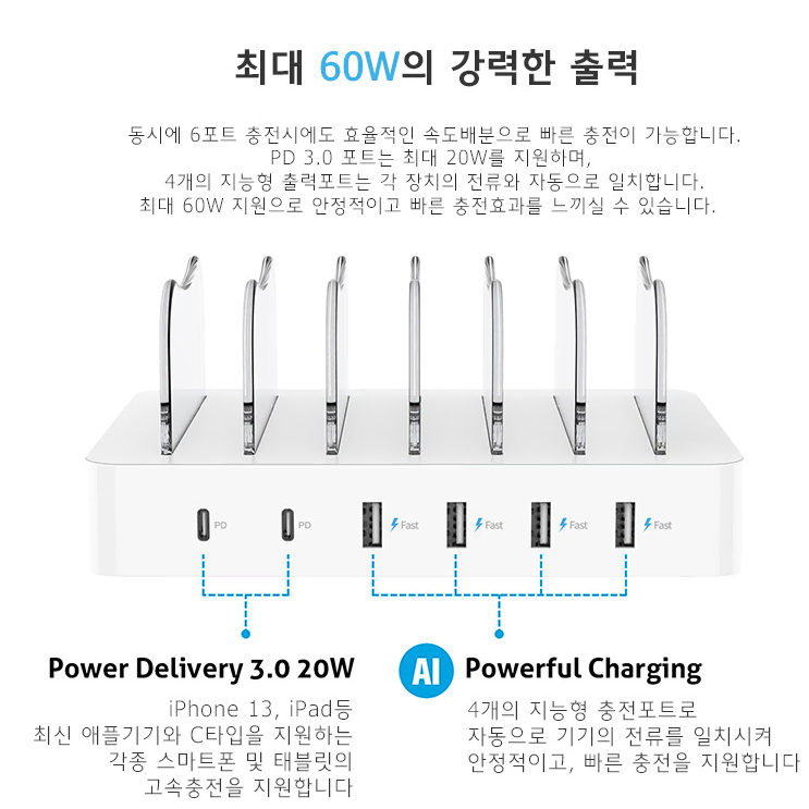 24년 60w 고속 멀티충전기 6포트 아이폰 15 프로 맥스 갤럭시S24