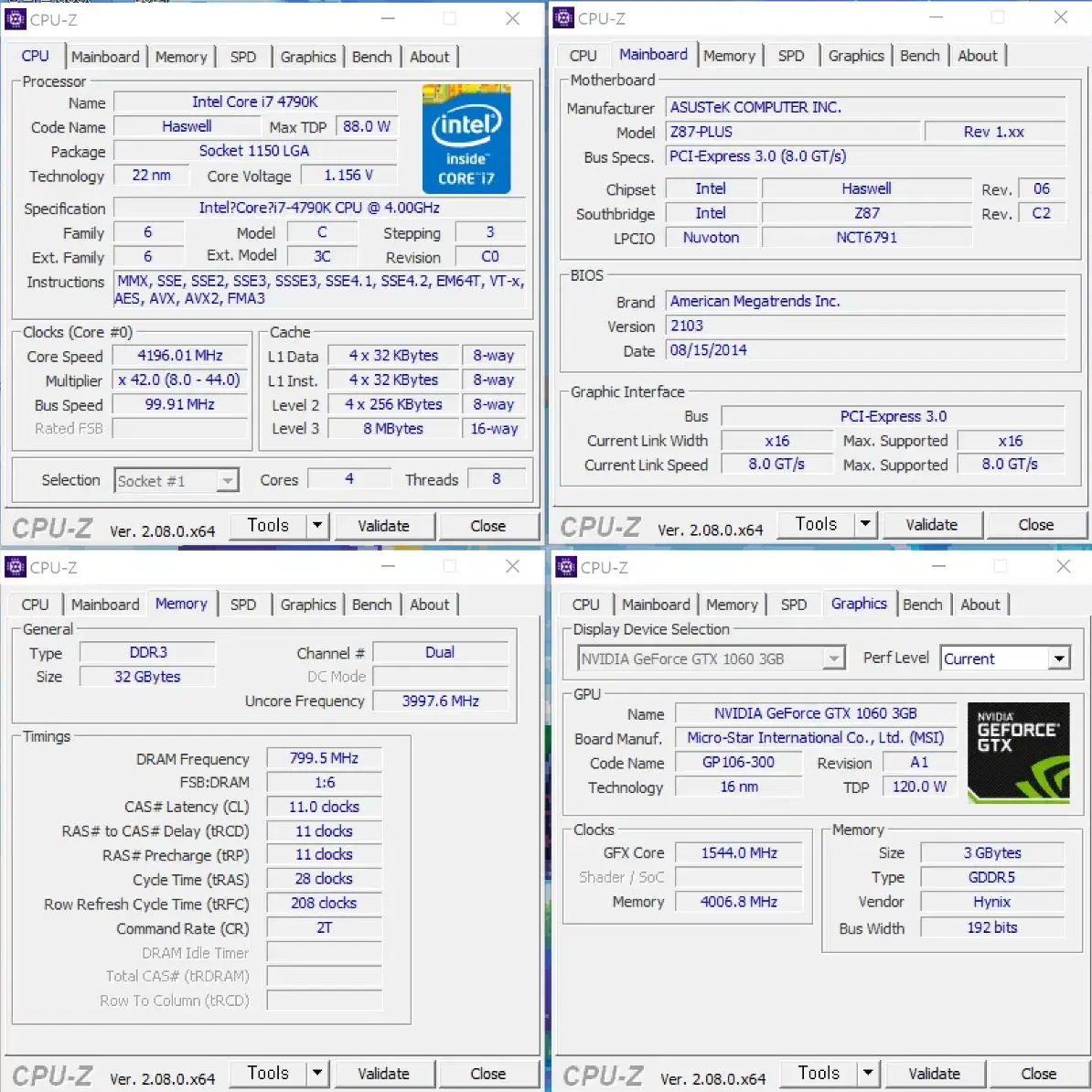 컴퓨터 본체 팝니다 I7 4790K, GTX 1060, 램 32