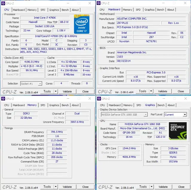 컴퓨터 본체 팝니다 I7 4790K, GTX 1060, 램 32