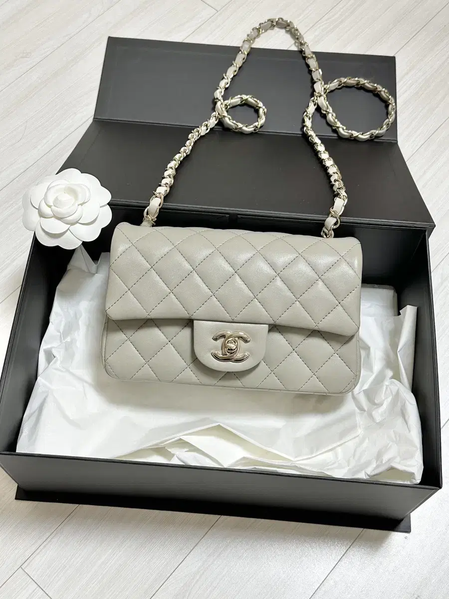 Chanel Bag New Mini Light Gray Champagne