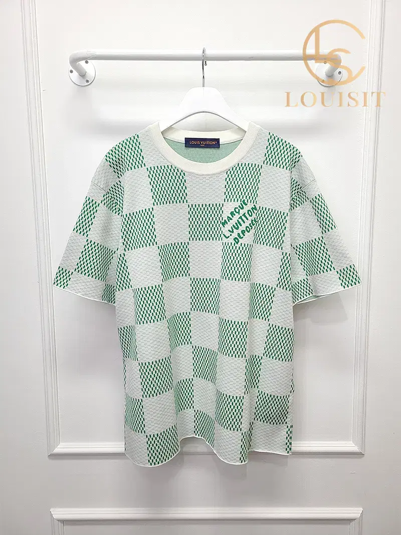 [XL] Louis Vuitton White Green Damier Sleeveless Crew Neck Knit