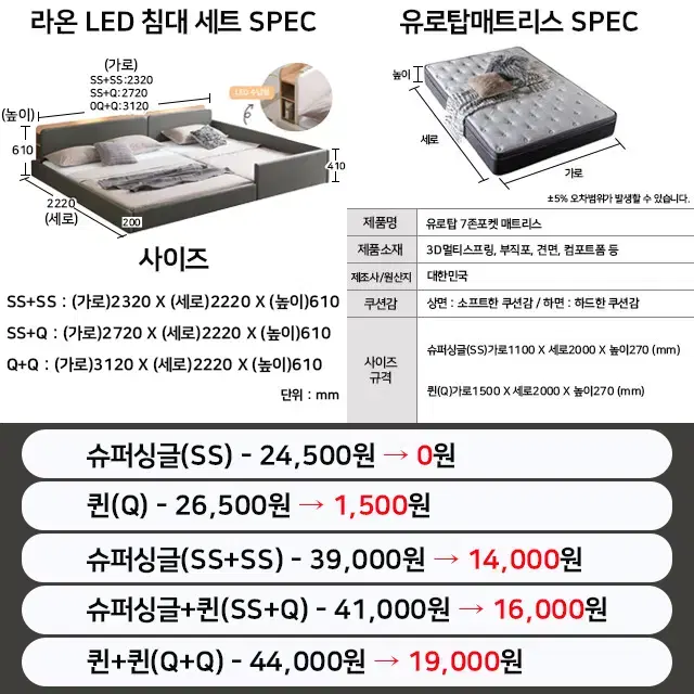 월0원 인홈 저상형 침대 세트 매트리스 슈퍼싱글 퀸 킹 라지킹 렌탈