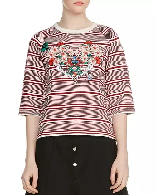 (New Product) MAJU Flower Embroidery Stripe Knit 2 Sizes