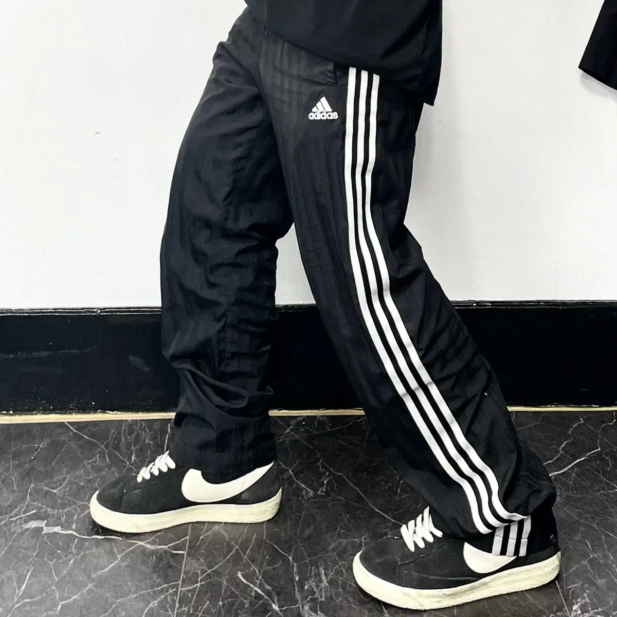 Adidas Black Tricot Stripe Pattern Minimalist Track Pants