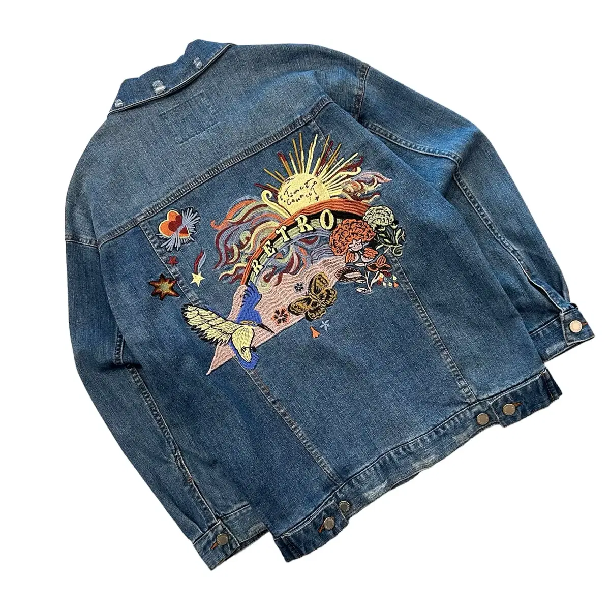 [S] H:CONNECT Vintage Retro Embroidered Flower Blue Denim Jacket