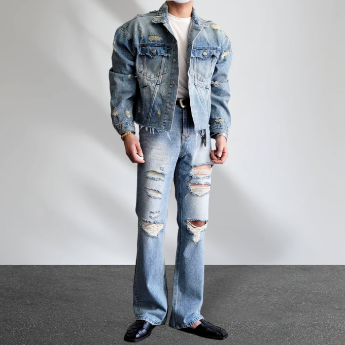 [Set price]Premium Damaged Short Cropped Jeans Jacket High Waist Bootcut Jeans