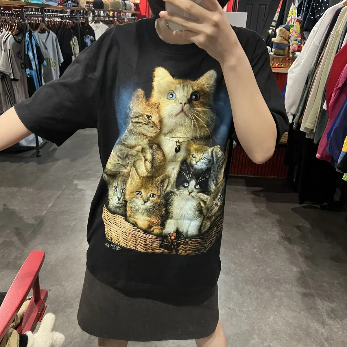 (END) Cat Fluorescent Big Printed Short Sleeve T-Shirt Black L