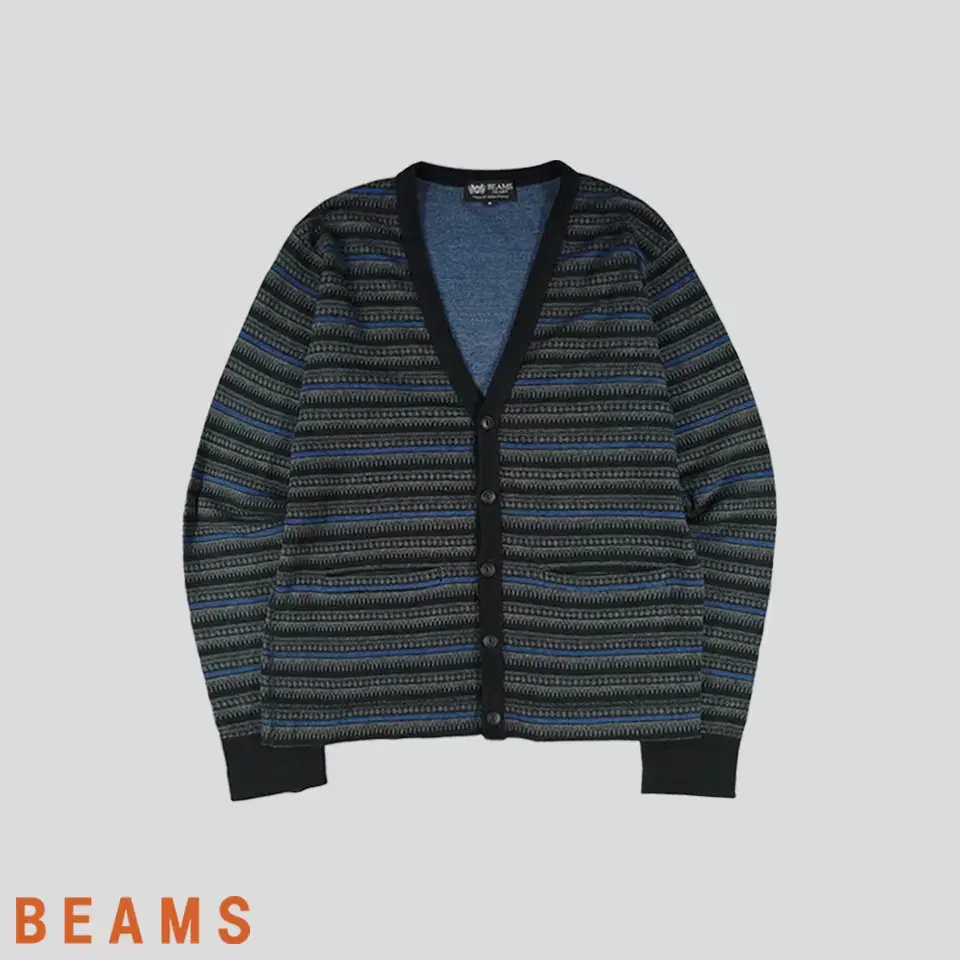 Beams Heart Black bloo Striped Ethnic Pattern Two-Pocket Cotton100 V-Neck Cardi