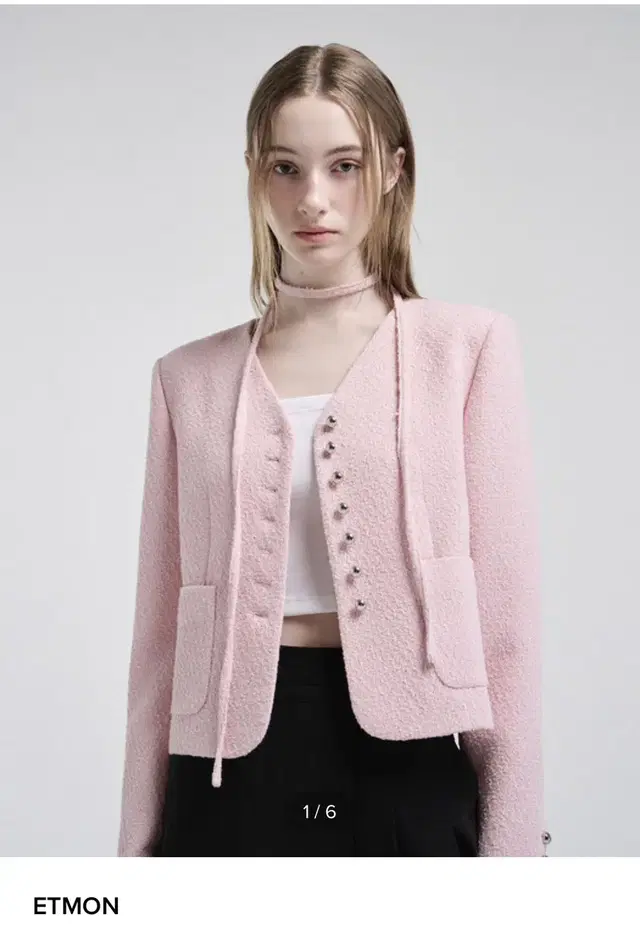 에트몽 V-Neck Strap Tweed Jacket, Pink 택포