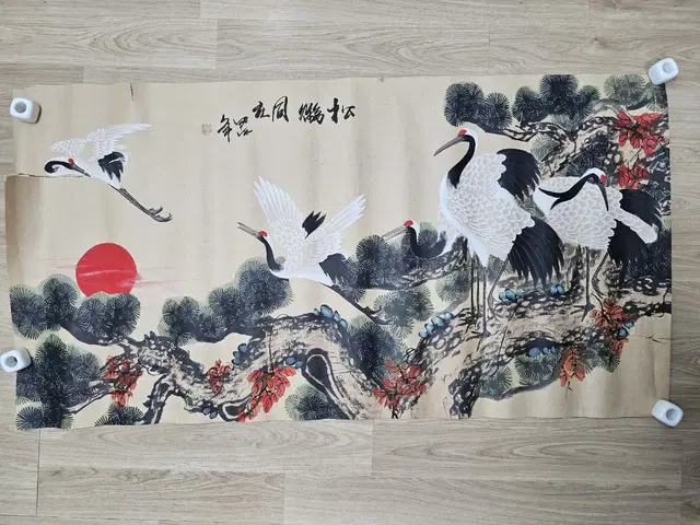 오래된동양화 송학도 낙질그림 124x64cm