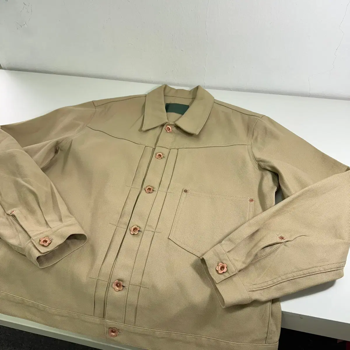 M VTG Beige Flower Button Trucker Work Jacket