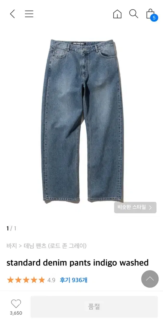 로드 존 그레이 standard denim pants indigo was