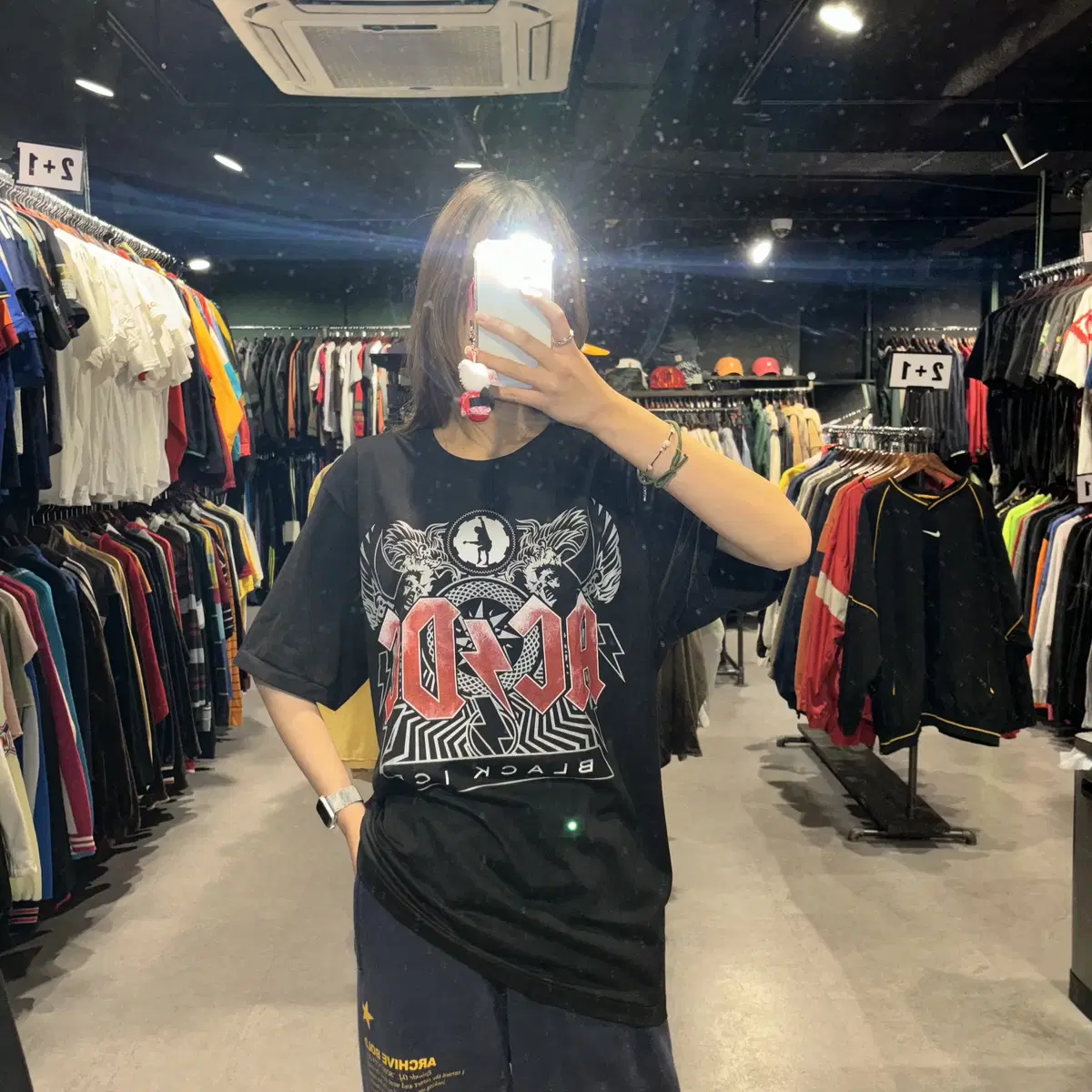 ACDC 로고 블랙아이스 락밴드 앞뒤 프린트 디테일 반팔 락티(L/XL)