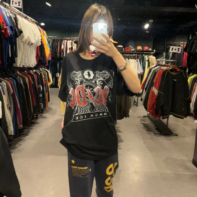 ACDC 로고 블랙아이스 락밴드 앞뒤 프린트 디테일 반팔 락티(L/XL)