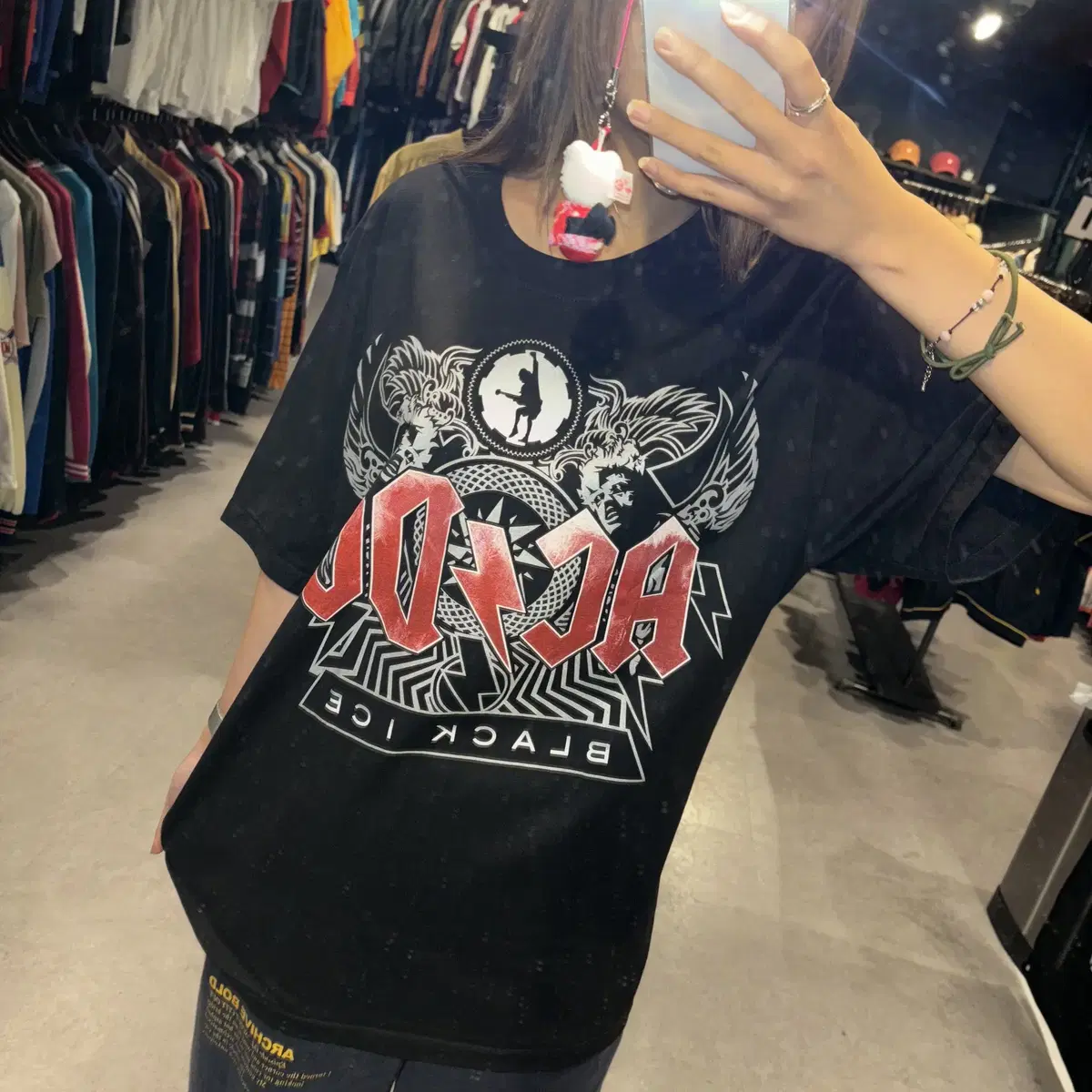 ACDC 로고 블랙아이스 락밴드 앞뒤 프린트 디테일 반팔 락티(L/XL)