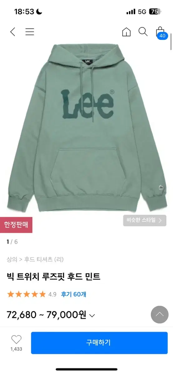 Lee Big Twitch Loose Fit Hoodie Mint (L)