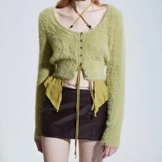 페인오어플레져 Rabita fur cardigan light green