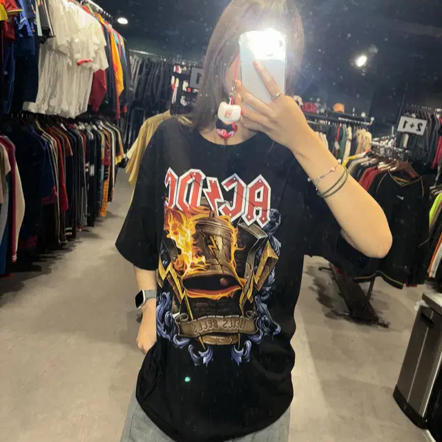 ACDC 벨(종) 앞뒤 프린팅 디테일 블랙 락밴드 반팔티셔츠 (L/XL)