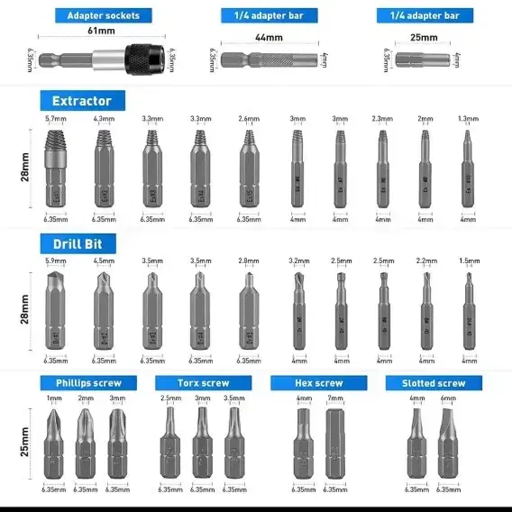 볼트 나사 제거 추출기 손상 비트 33개