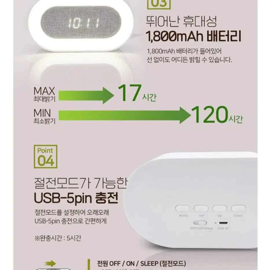 (새상품) PRISM 충전식 LED 알람용 무드램프 PM-820WH 17