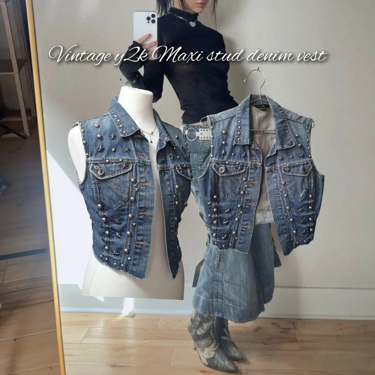 Vintage y2k Maxi stud denim vest