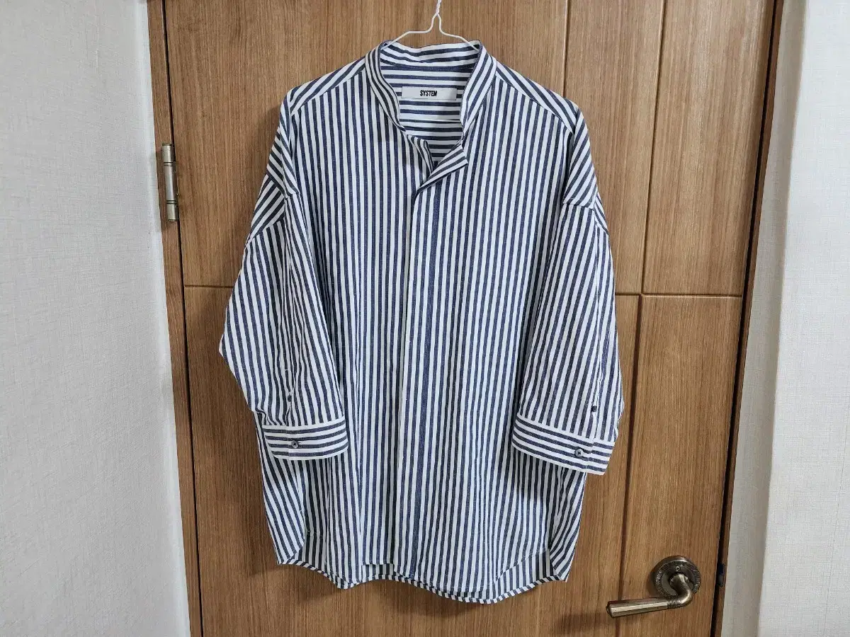 (100)System Homme Stripe 7-Part Sleeve Shirt