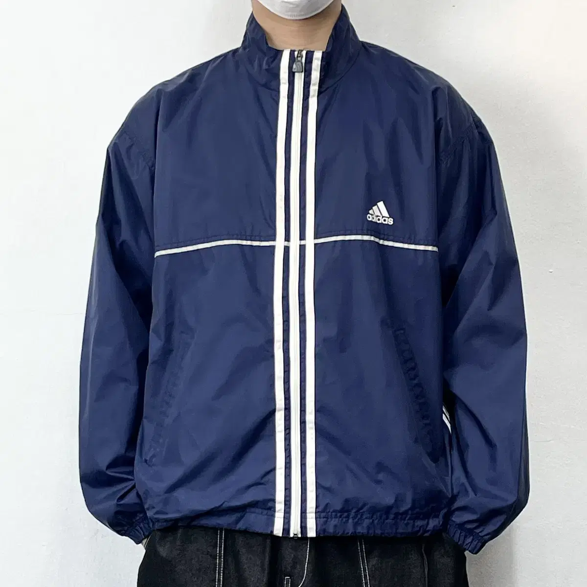 Adidas Navy Piping Three-Stripe Windbreaker Jacket