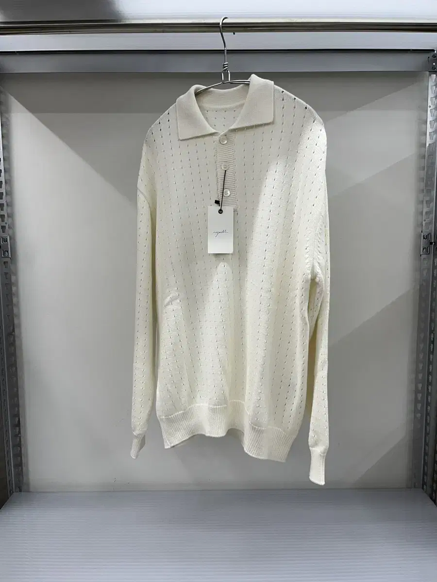 유스-Pointelle Knit Collar T-Shirt (White)