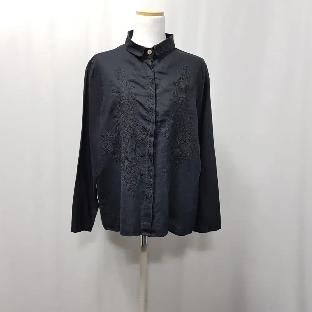 Vintage Black Embroidered Boxy Ma100 Linen Long Sleeve Shirt WomenF D641