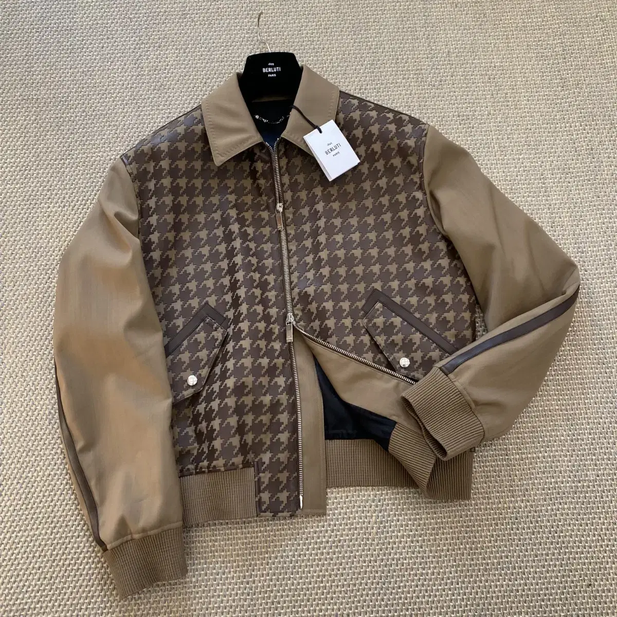 BERLUTI Velvet padded houndstooth bloo jacket in top grain leather