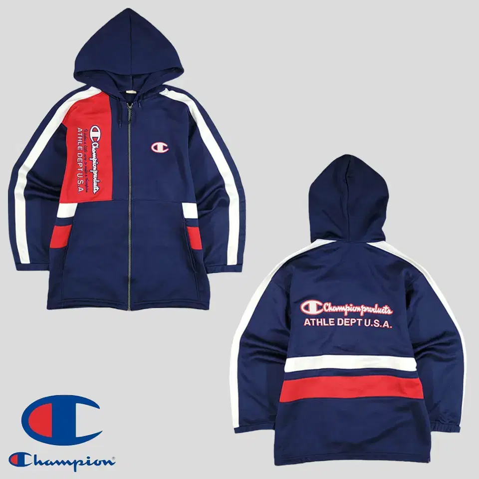 Champion Navy Red White Colorblocked Big Patch Logo Old School Hooded Track Top Zip Up Jersey