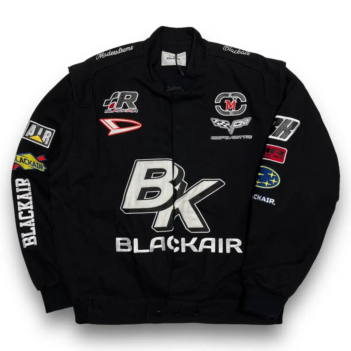 Black air flame embroidered multi logo deadstock racing jacket