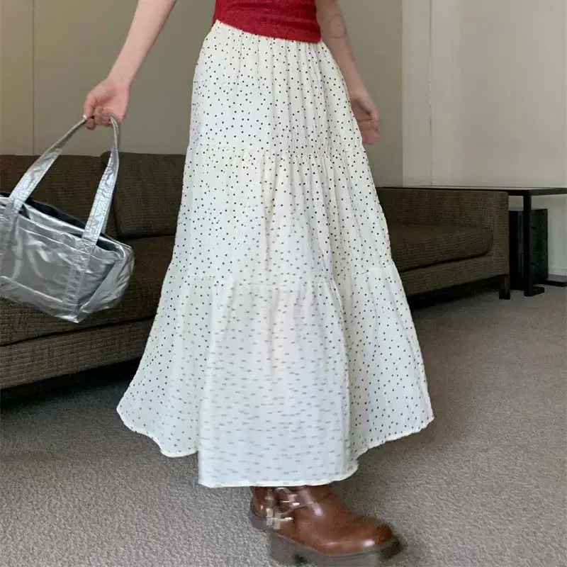 [Dot Pleated Long Skirt] 2594. Ivory Black