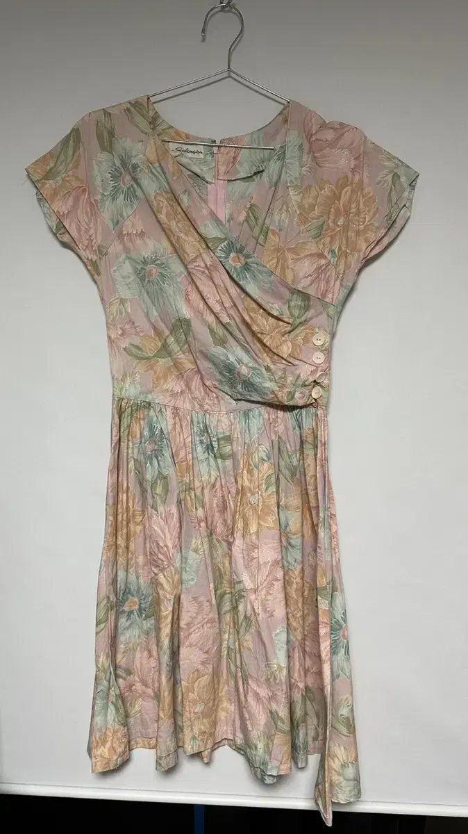 Vintage Light Pink Floral Short Sleeve Wrap ONEPIECE