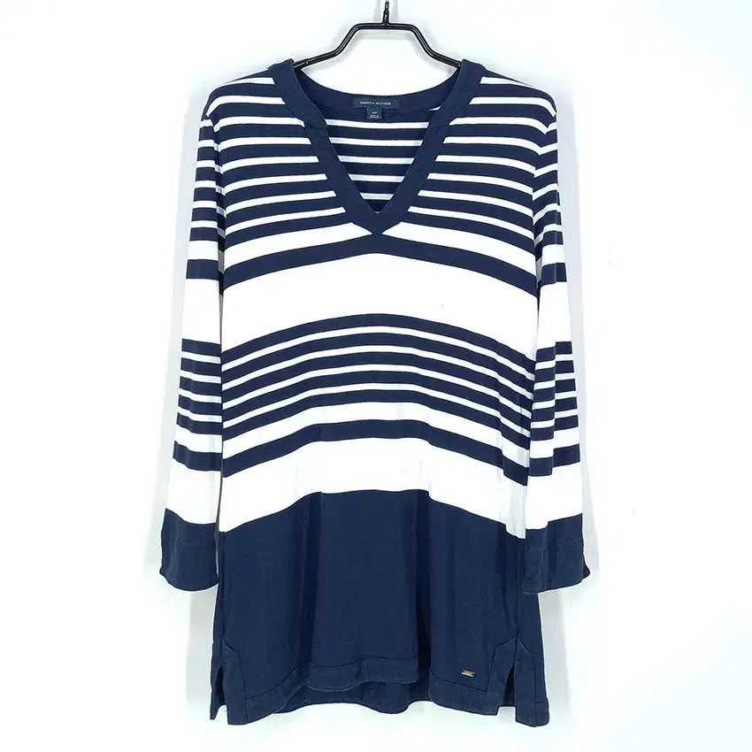 Tommy Hilfiger Women's Striped V-Neck Long Sleeve Tee NavyS (HU30716)