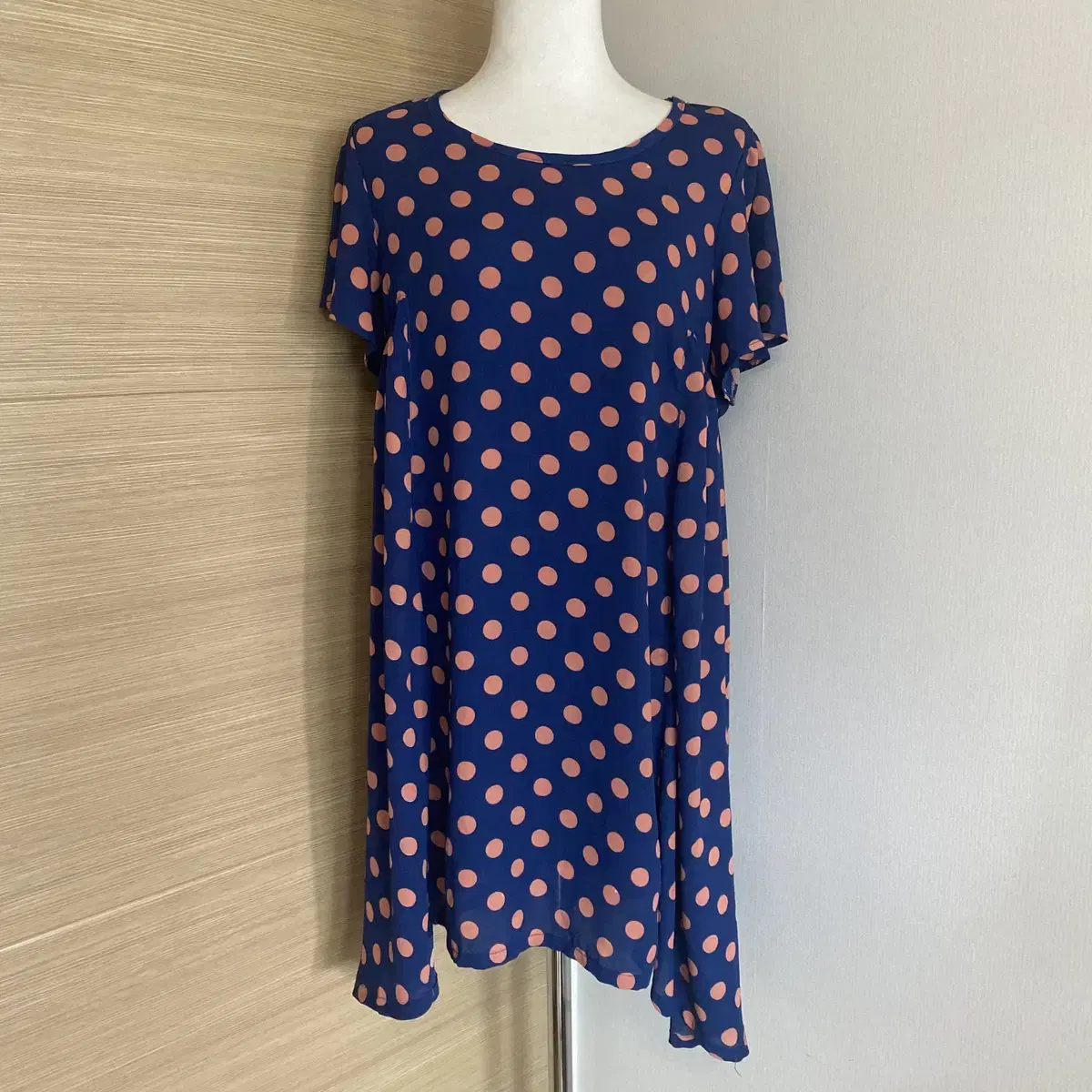 Free Sharing) Japanese Vintage Kitsch Dot Navy Pink Short Sleeve ONEPIECE Lovely Mini Dress