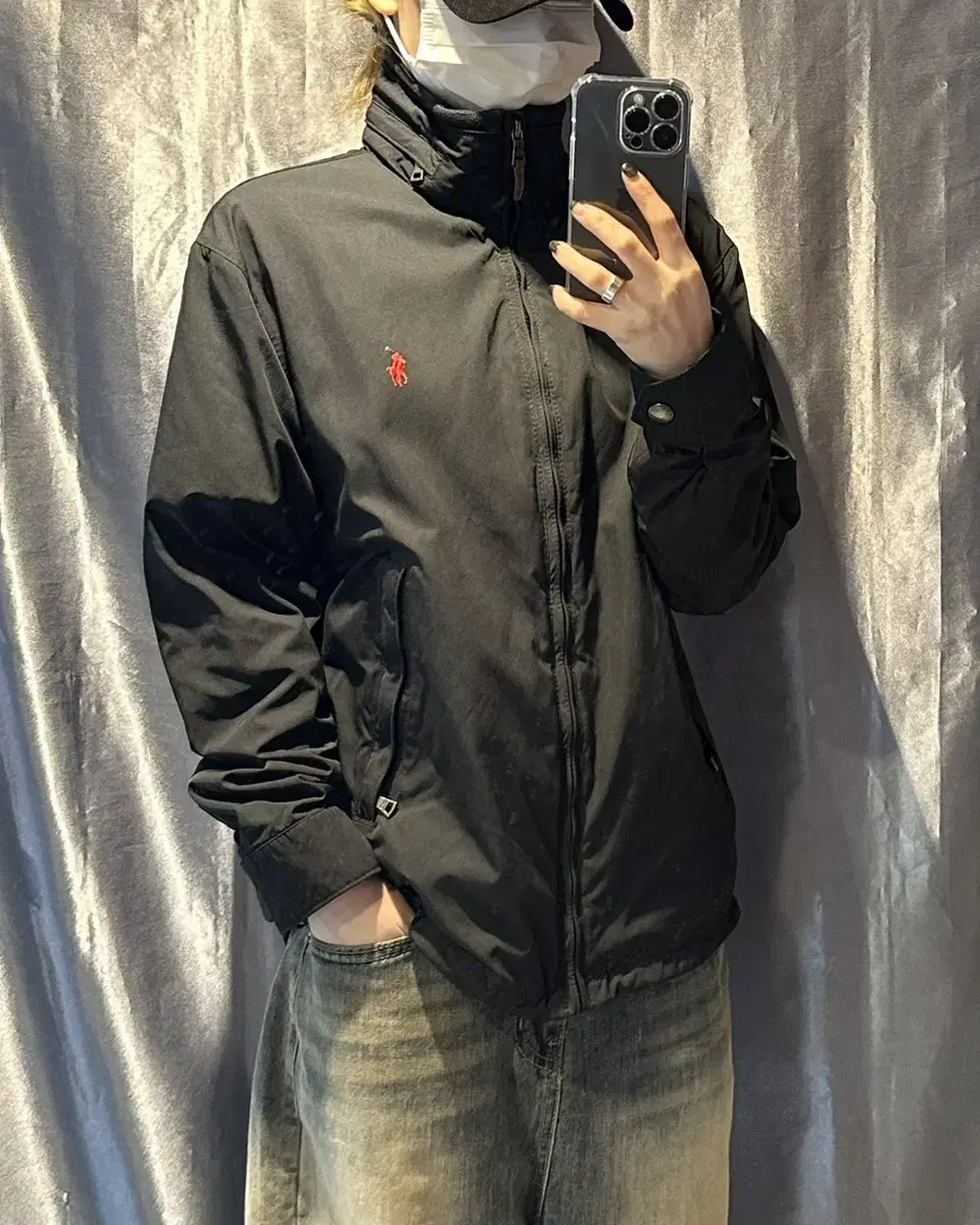 M Polo Ralph Lauren Red Pony Nylon Black Jacket