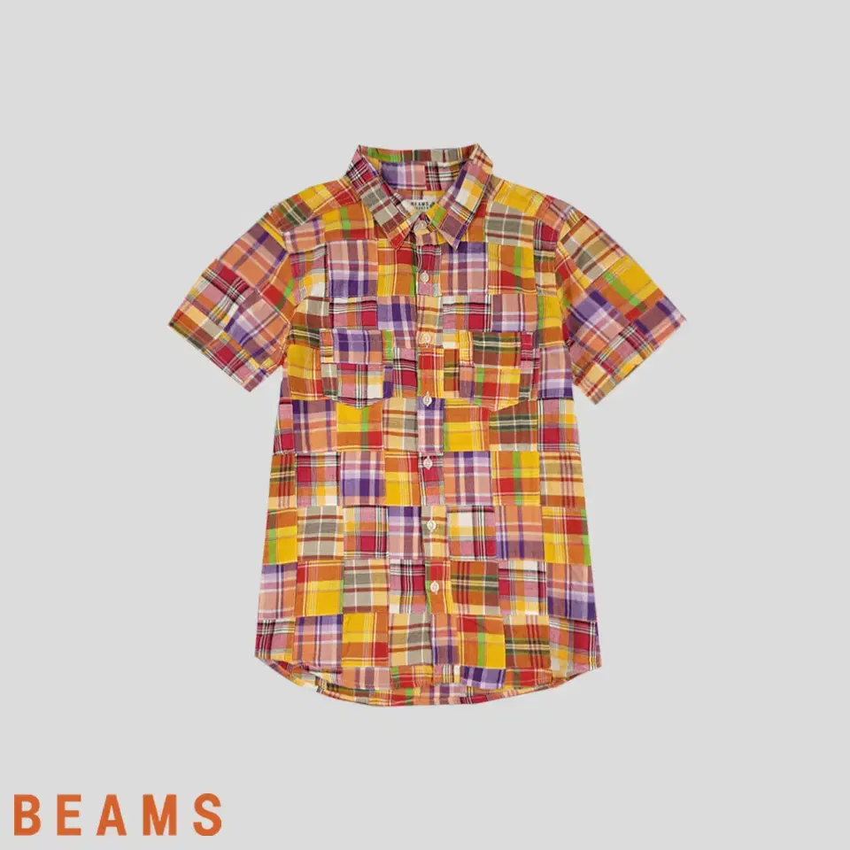 Beams heart orange red madras checkered pattern chest pocket hippie cotton100