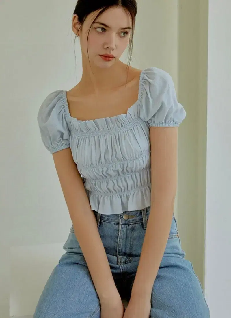 RE_L 리엘 Cupcake shirring blouse sky blue